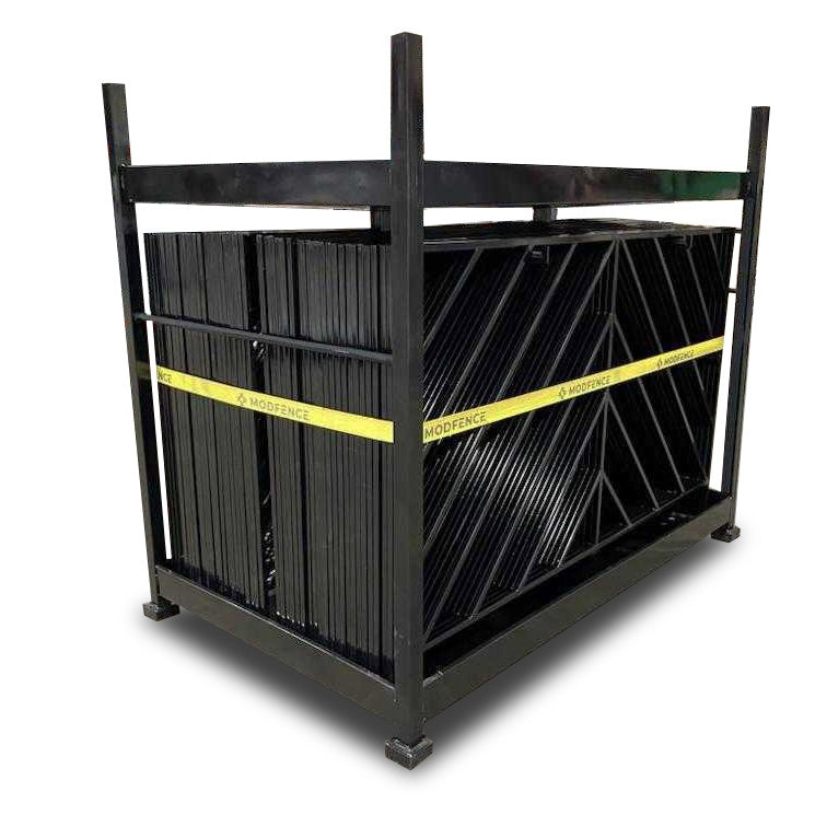Heavy-duty black metal storage rack for stacking fencing panels, durable and stable design.